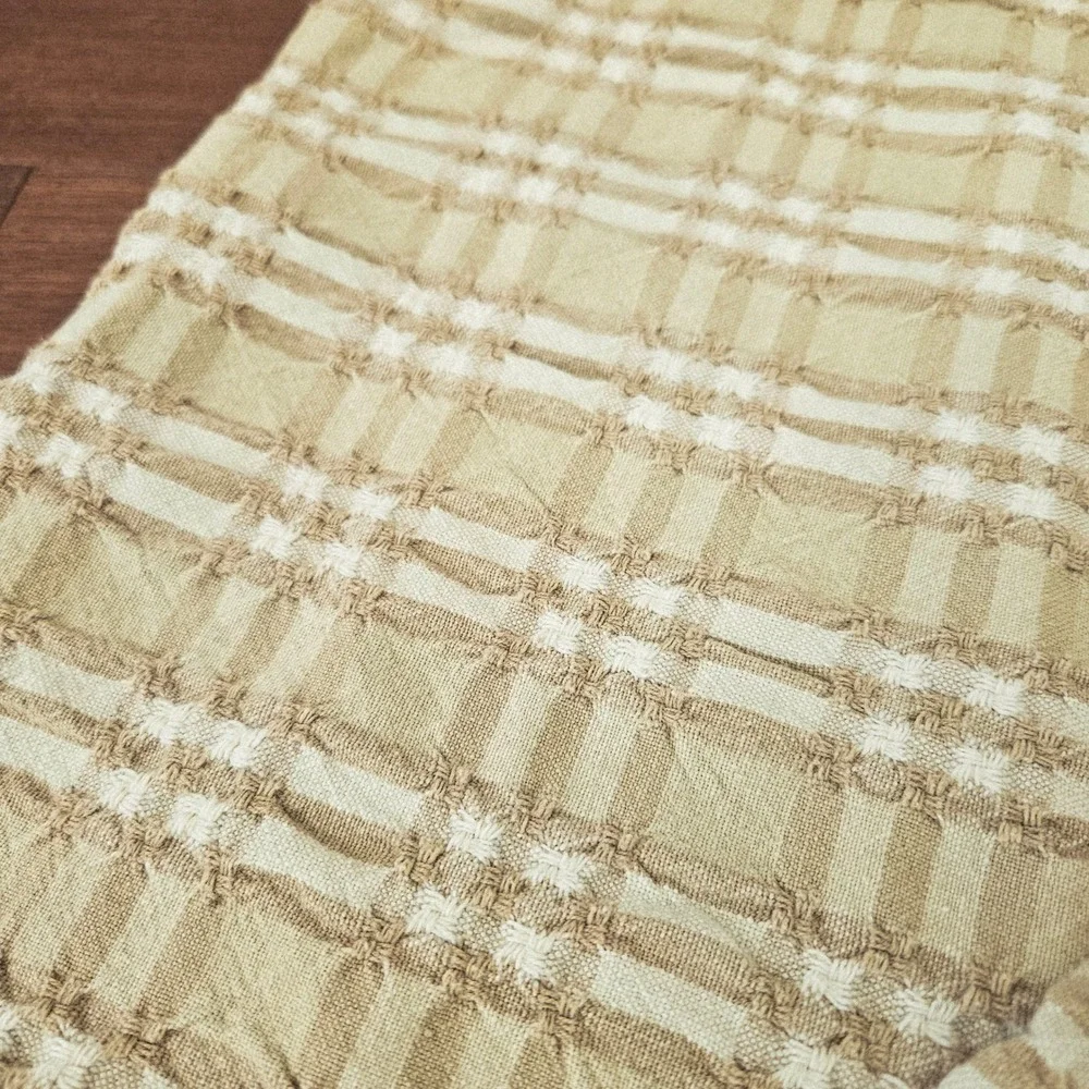 Vintage Plaid Tablecloth Sage Green Tan Woven Farmhouse 48x66 Rectangle